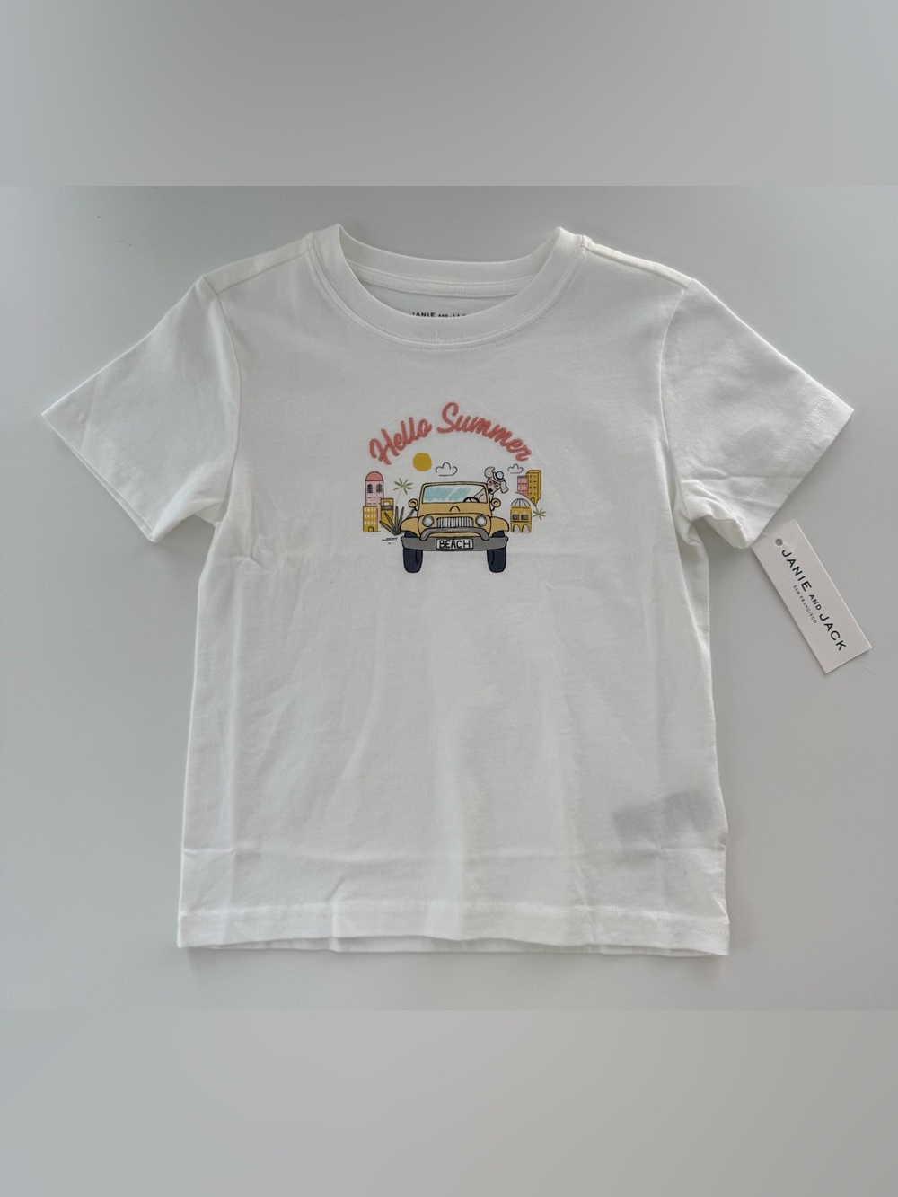 Janie and Jack White Tee with Yellow Car 'Hello Summer' embroidery NWT